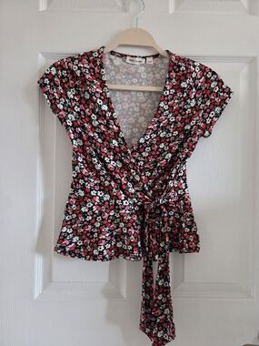 Rebel Sugar Black Floral Wrap Top with Pink and White Blossoms